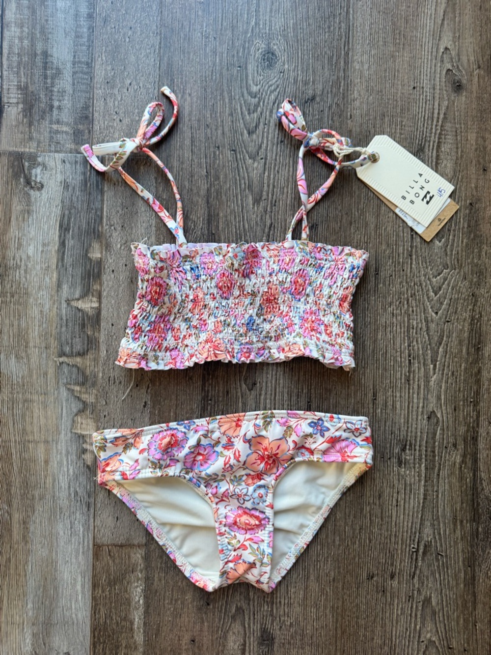 NWT Billabong Floral Smocked Bikini Set - Pink, Coral & White girls size 4/5